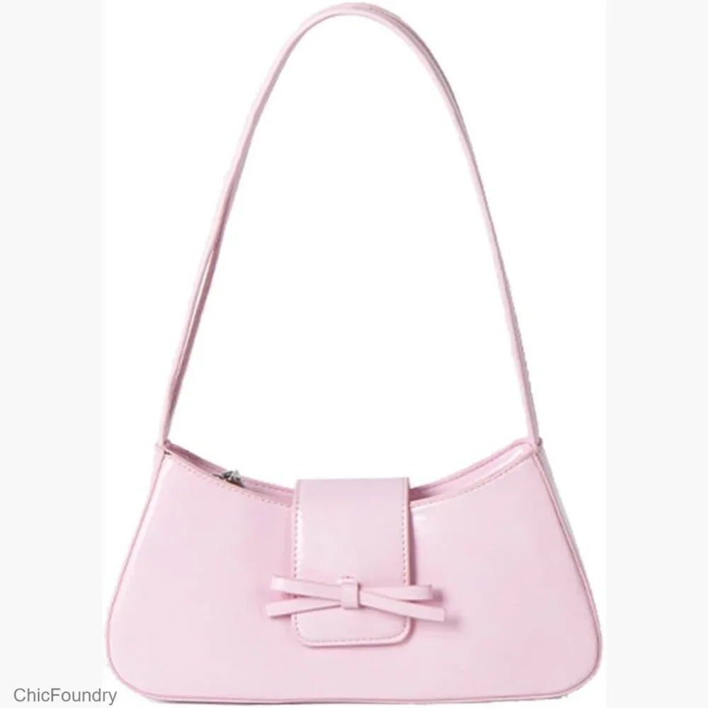 Patent Leather Hobo Shoulder Bag with Bow Detail, Zipper Closure