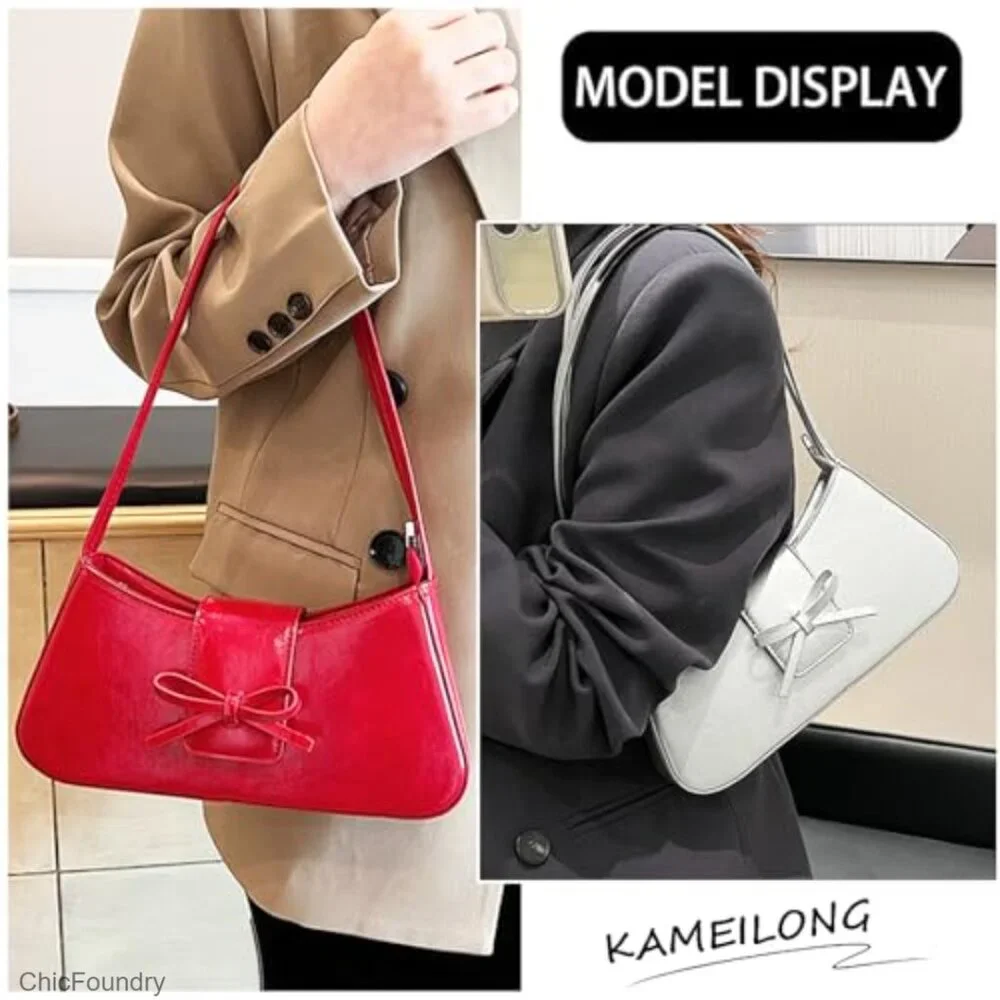 Patent Leather Hobo Shoulder Bag with Bow Detail, Zipper Closure