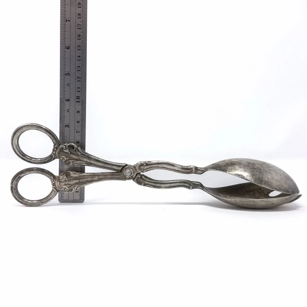 Vintage Sheffield Silver Plate Salad Tongs Italy 10” Ornate Patina
