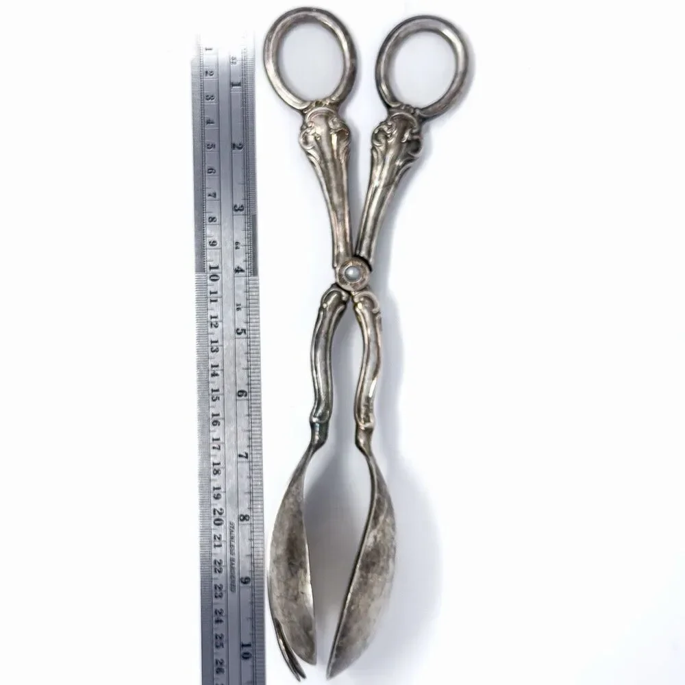 Vintage Sheffield Silver Plate Salad Tongs Italy 10” Ornate Patina
