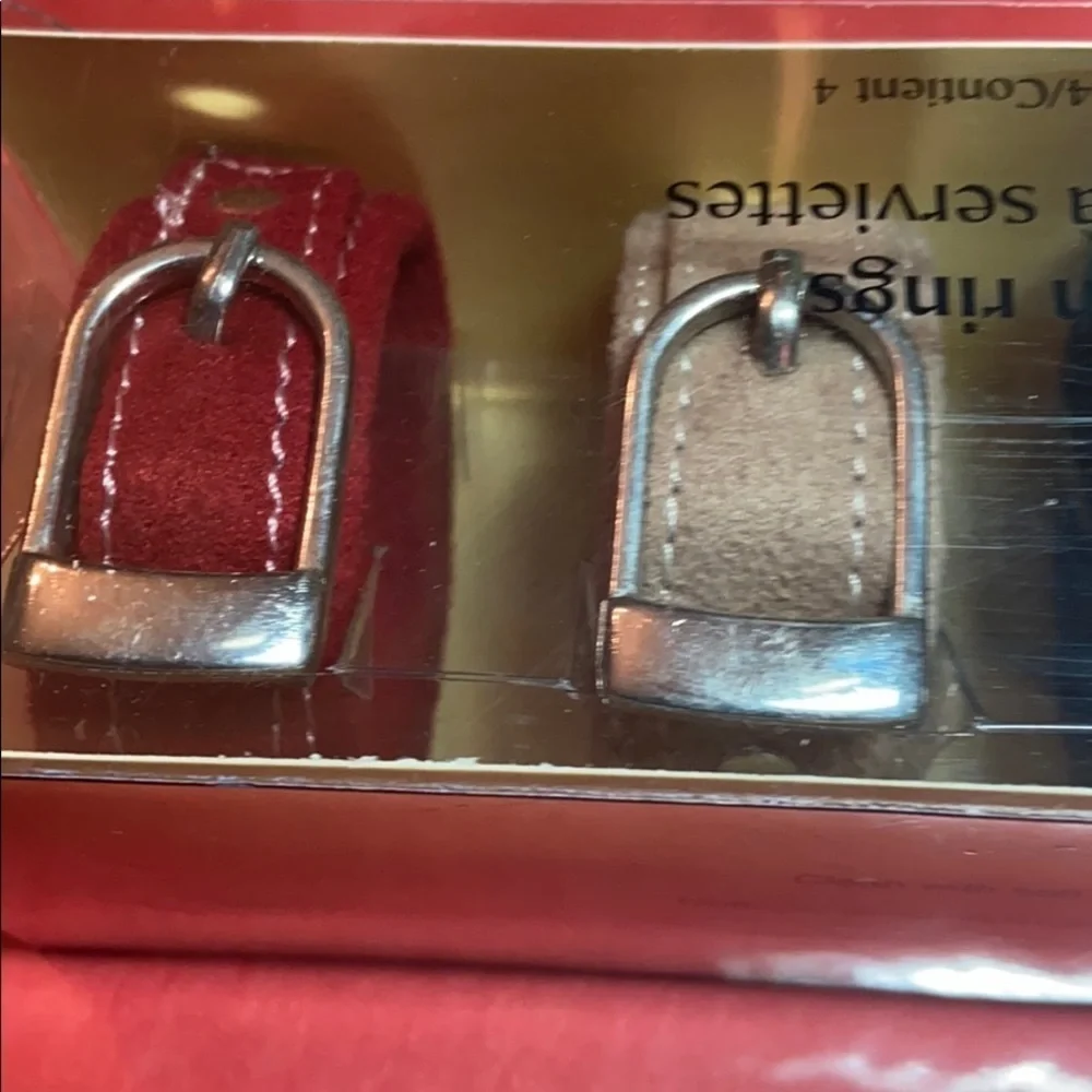 Pier 1 Novelty Suede Red, Blue, Green & Tan Watch Band Napkin Ring Holders