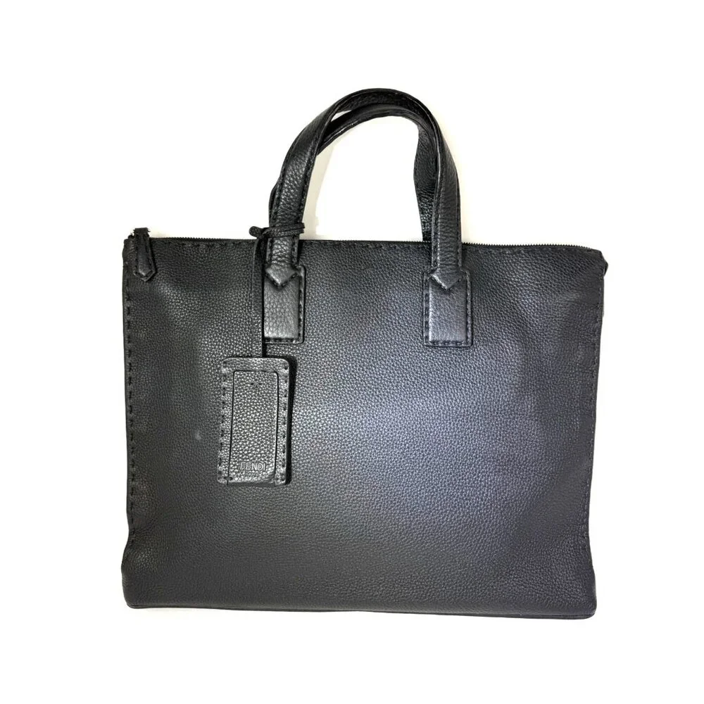 Fendi Cuoio Romano Selleria Black Leather Briefcase Attache Bag