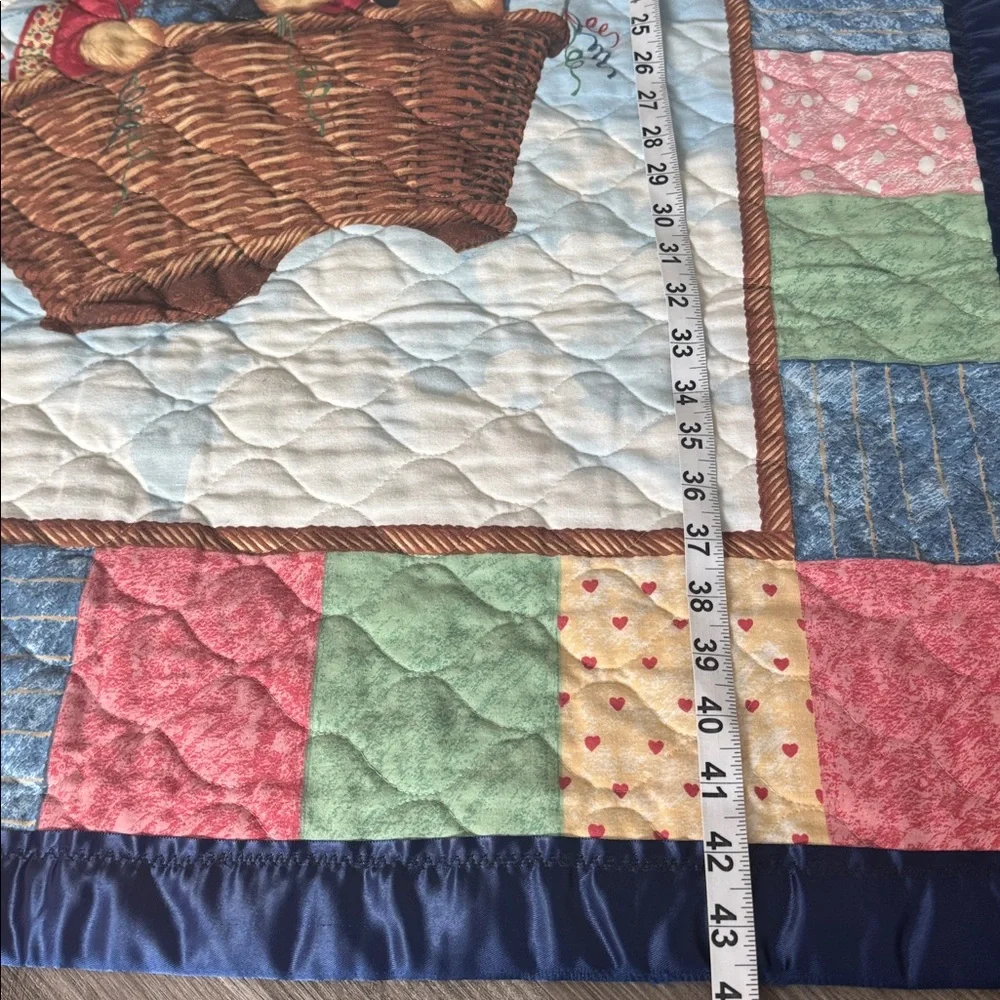 Blue Jean Teddy Bear baby quilt handmade blanket balloon ride vintage nursery