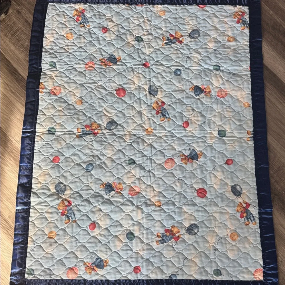 Blue Jean Teddy Bear baby quilt handmade blanket balloon ride vintage nursery