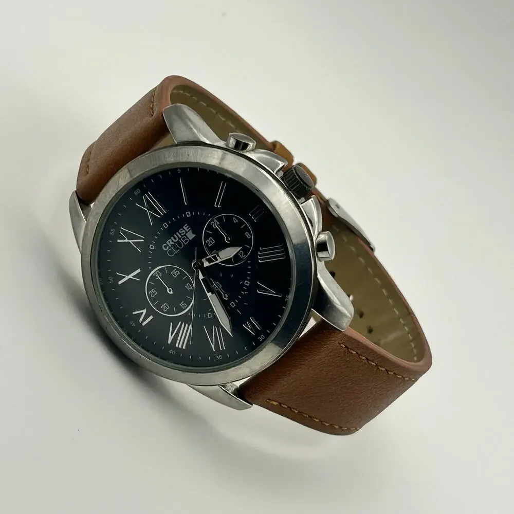 Cruise Club Men’s Chronograph Brown Leather Watch Working New Battery