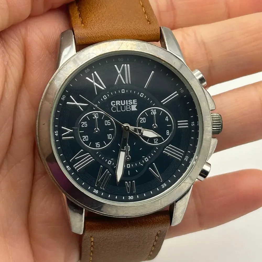 Cruise Club Men’s Chronograph Brown Leather Watch Working New Battery