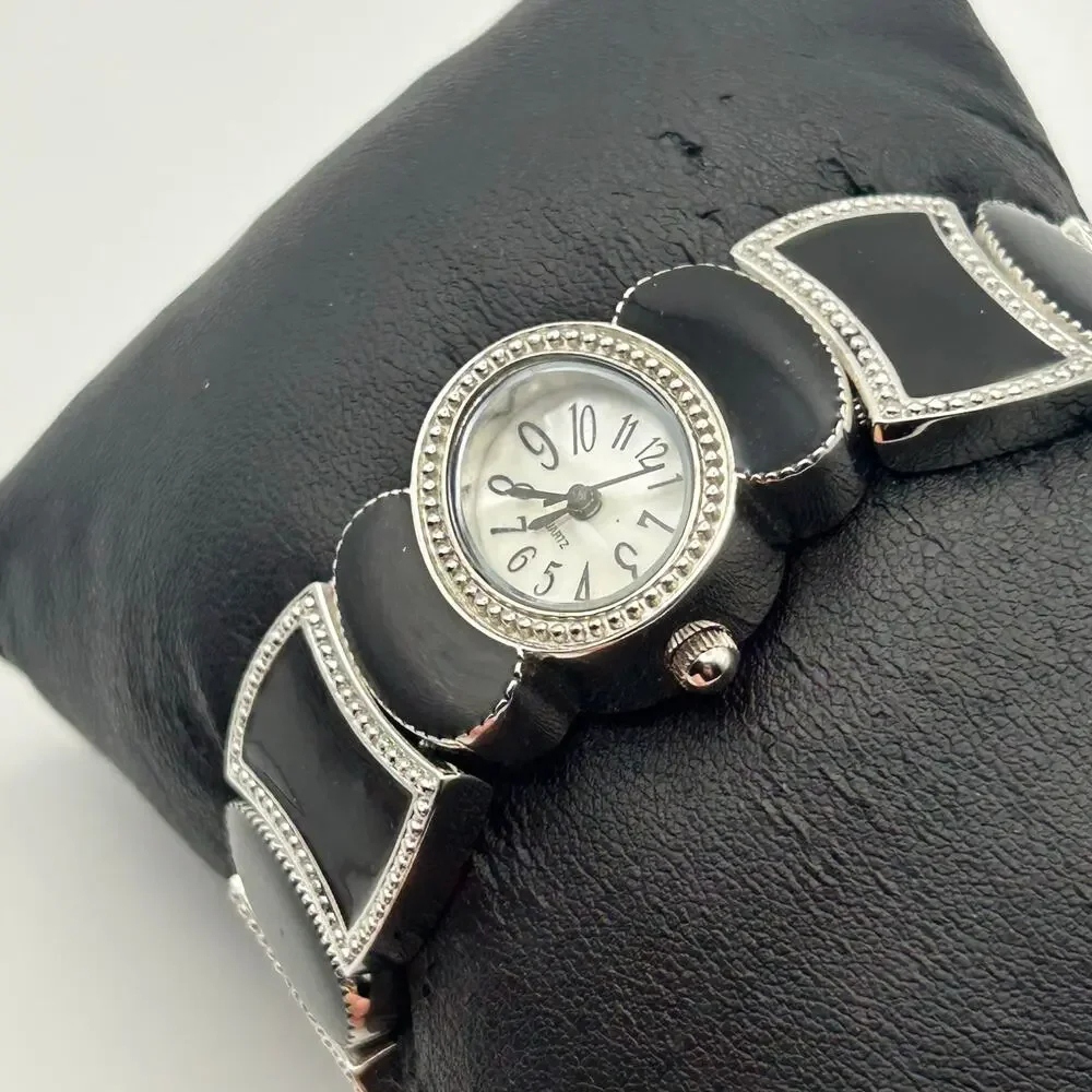 Black Mother Pearl Black And Silvertone Cuff Bracelet Watch Working New Battery