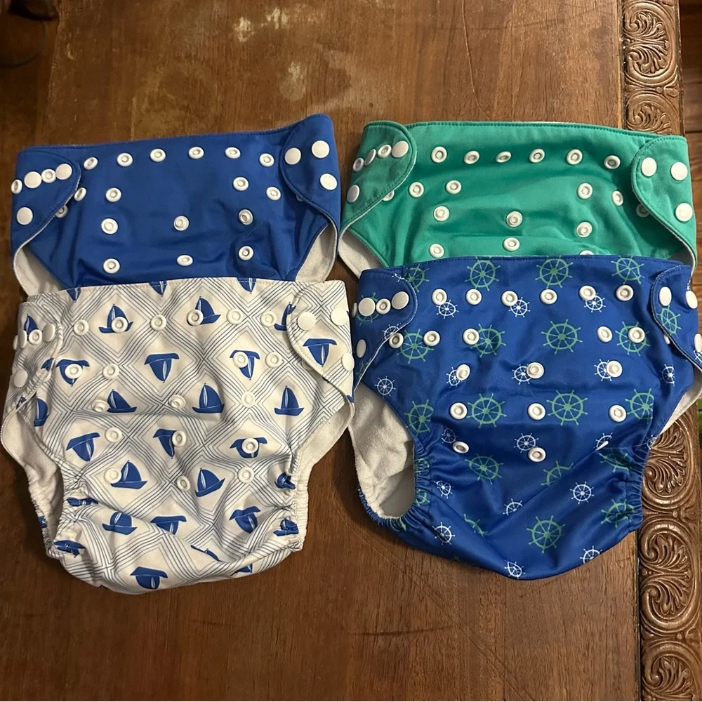 Nora’s Nursery Nautical Reusable Pocket Cloth Diaper Set of 4 adjustable size.