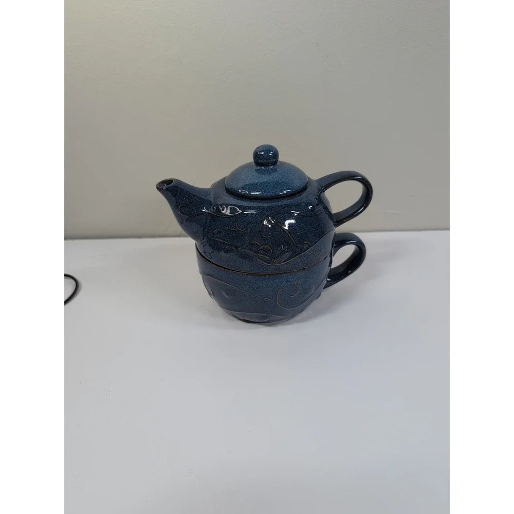 Pier 1 Teapot With Lid & Mug Stoneware Indigo Blue Embossed Perfect for one