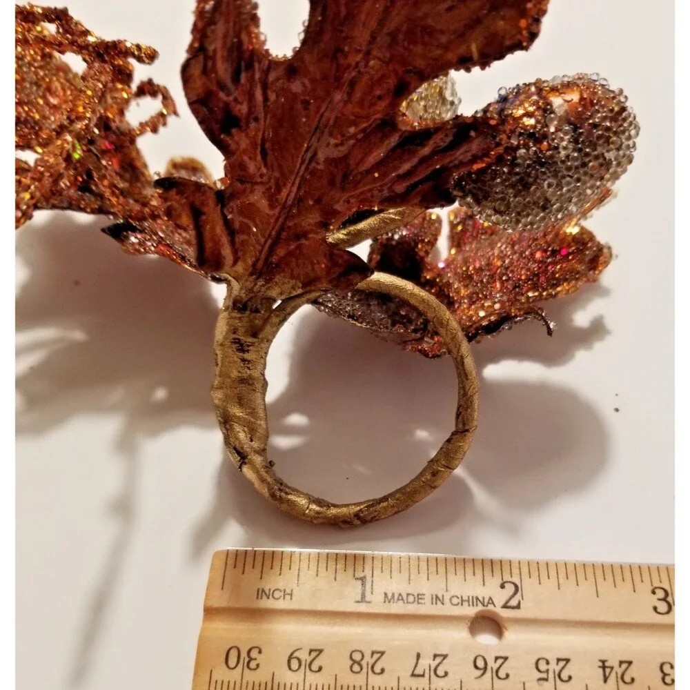 Fall Leaves & Acorn Napkin Ring Holders Set of 6 Sparkle Copper Color