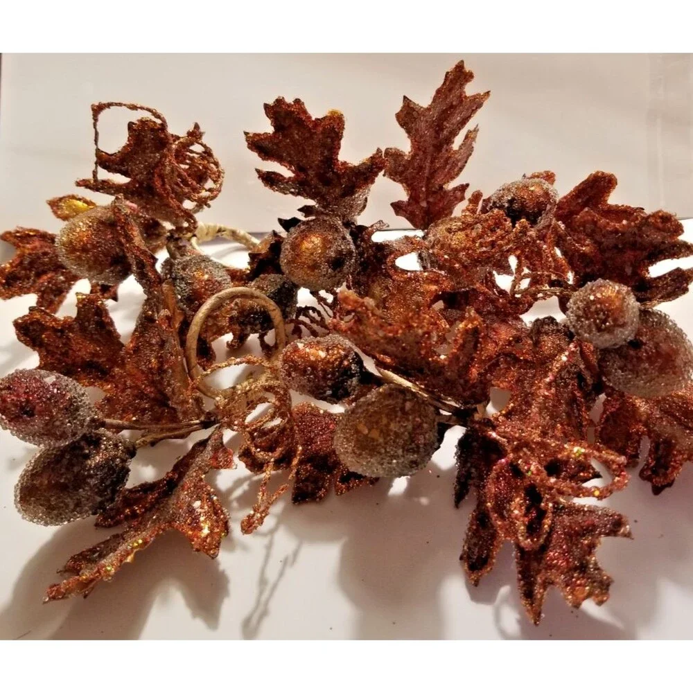 Fall Leaves & Acorn Napkin Ring Holders Set of 6 Sparkle Copper Color