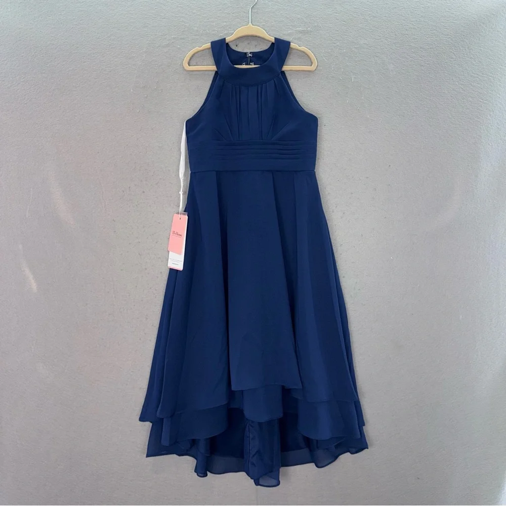 JJ’S House- NWT junior Ilona blue chiffon A-line pleated sleeveless dress SZ 6-7