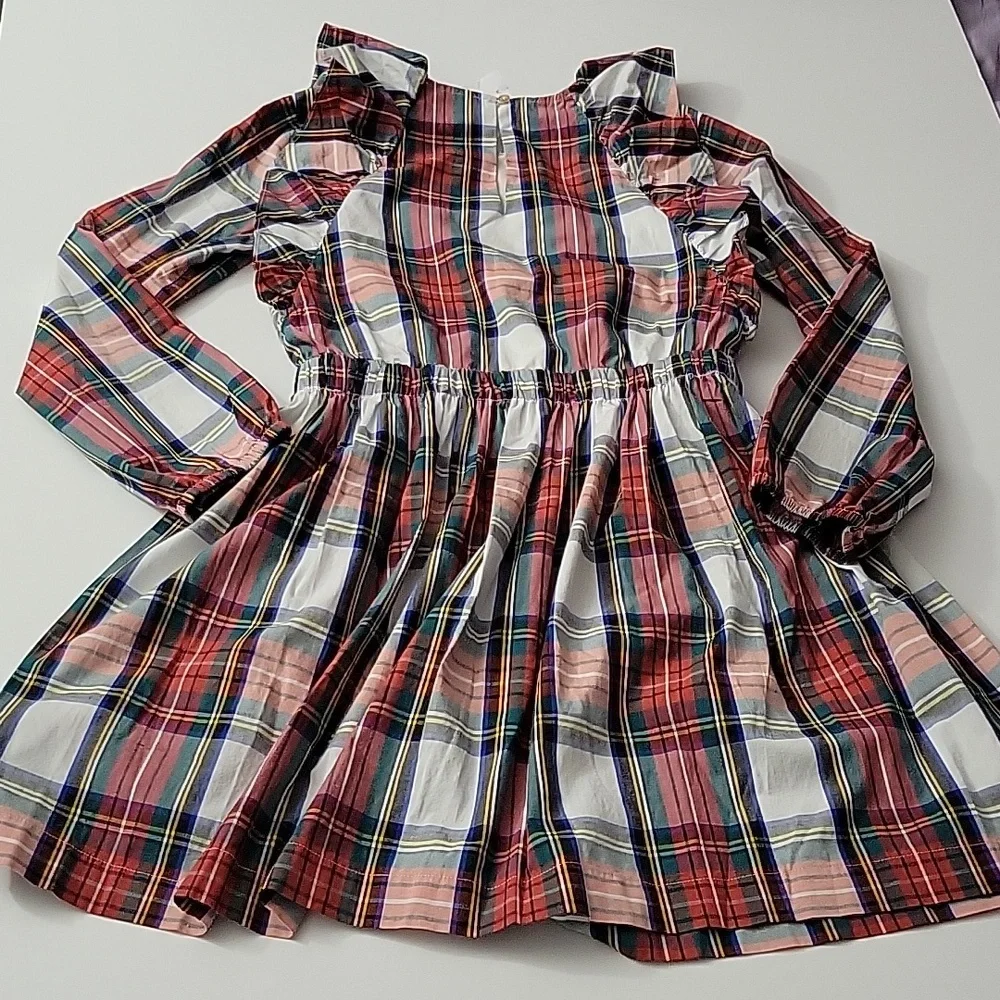 NWT J. Crew Girls Tartan Plaid Ruffle Shoulder Long Sleeve Dress Size 14