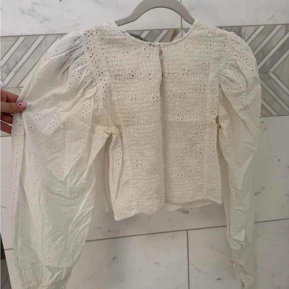 Zara Eyelet Lace Puff-Sleeve Top - White
