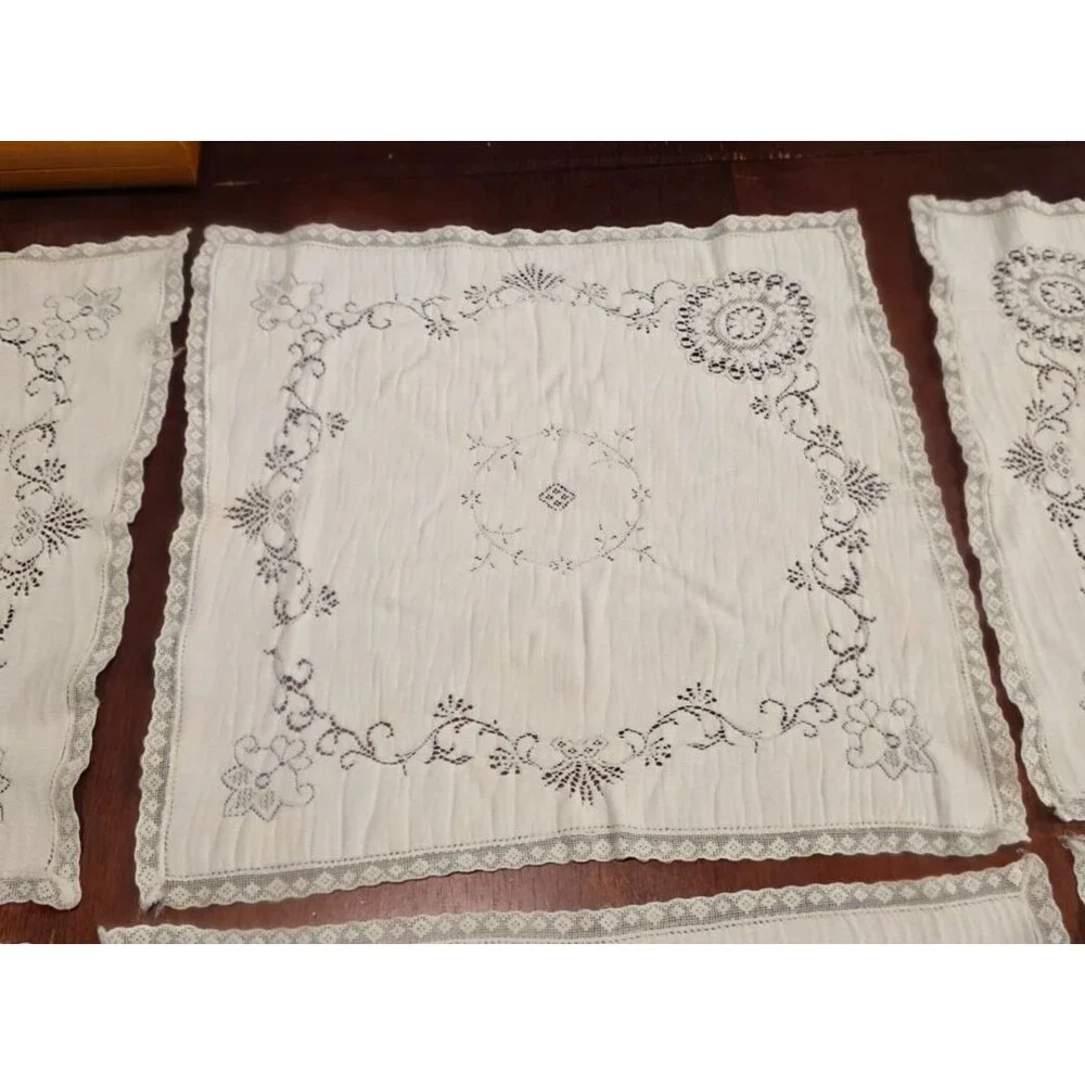 Vintage Cotton Cutwork Napkins Lace Floral Pattern Set of 6 - 14