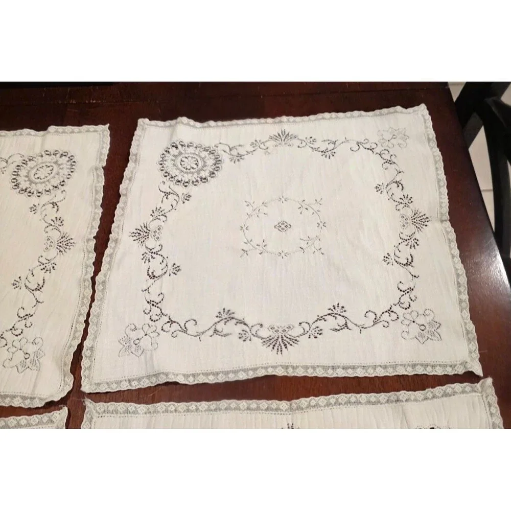Vintage Cotton Cutwork Napkins Lace Floral Pattern Set of 6 - 14