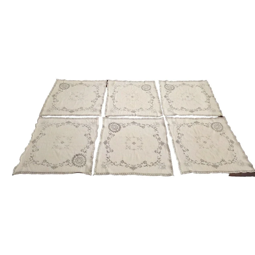 Vintage Cotton Cutwork Napkins Lace Floral Pattern Set of 6 - 14