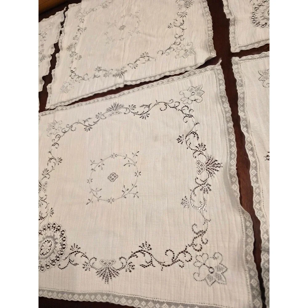 Vintage Cotton Cutwork Napkins Lace Floral Pattern Set of 6 - 14