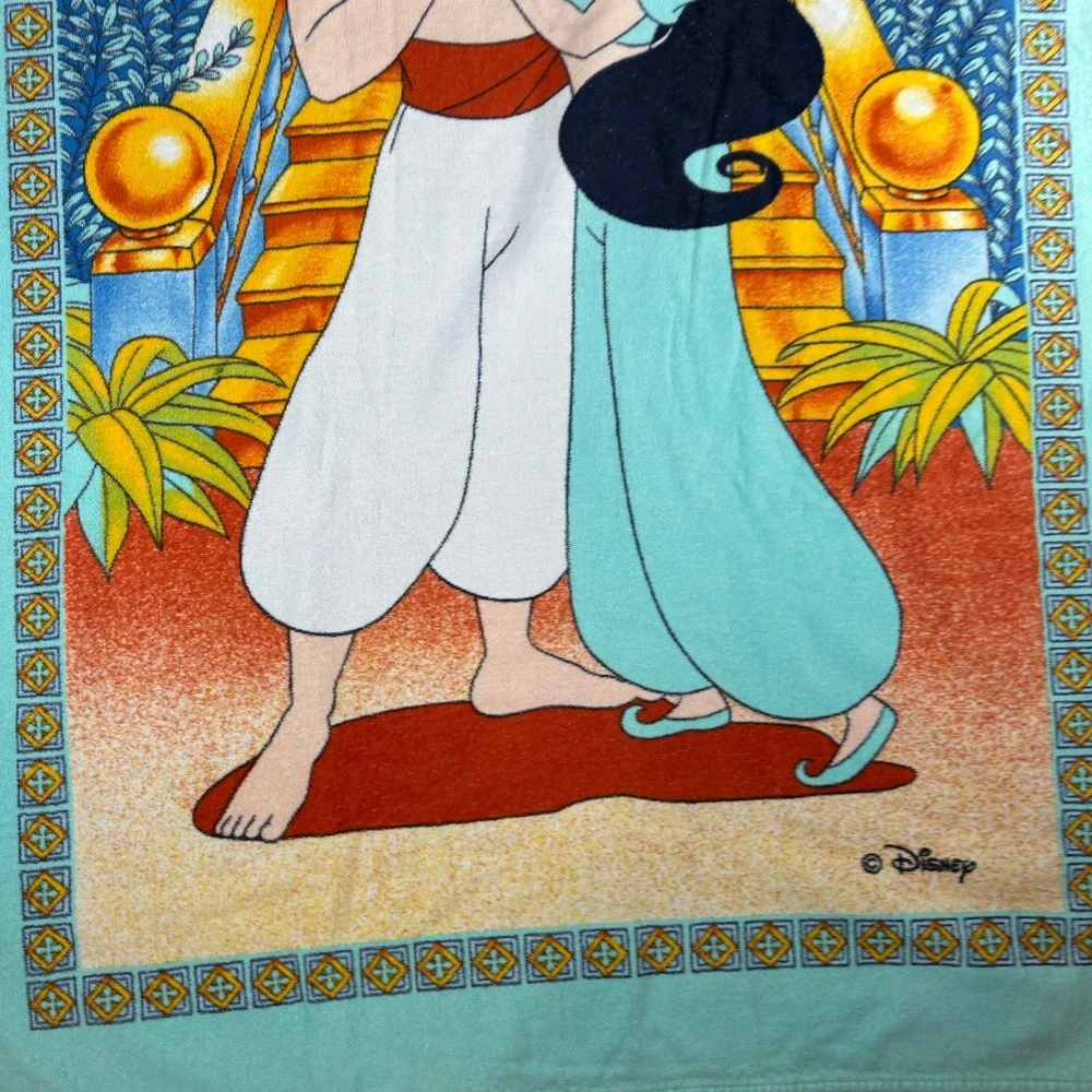 Vintage Disney Aladdin and Princess Jasmine Beach Towel Teal Orange Graphic 90s