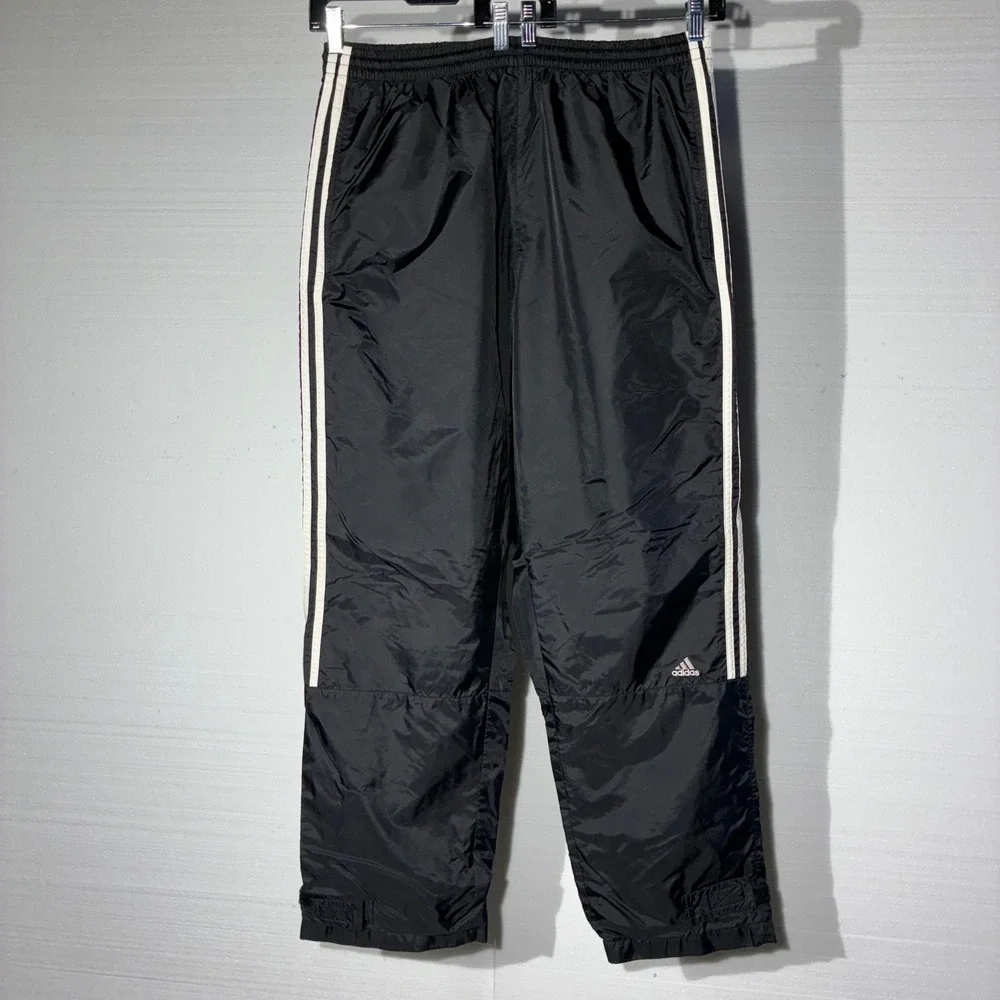 Adidas Vintage Black Nylon Track Pants XL Windbreaker 3-Stripe Baggy Joggers