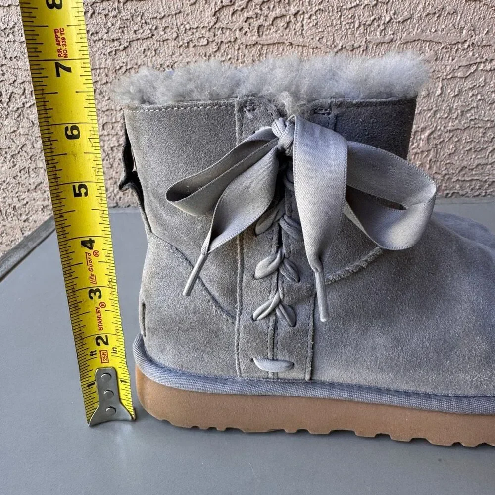 UGG Lace Mini Boots Womens 8 Gray Suede Corset Bow Classic Shearling Pull On