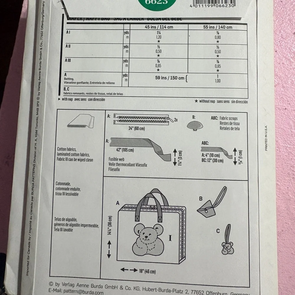BN UNCUT BURDA 6623 BABY DIAPER BAG SEWING PATTERN