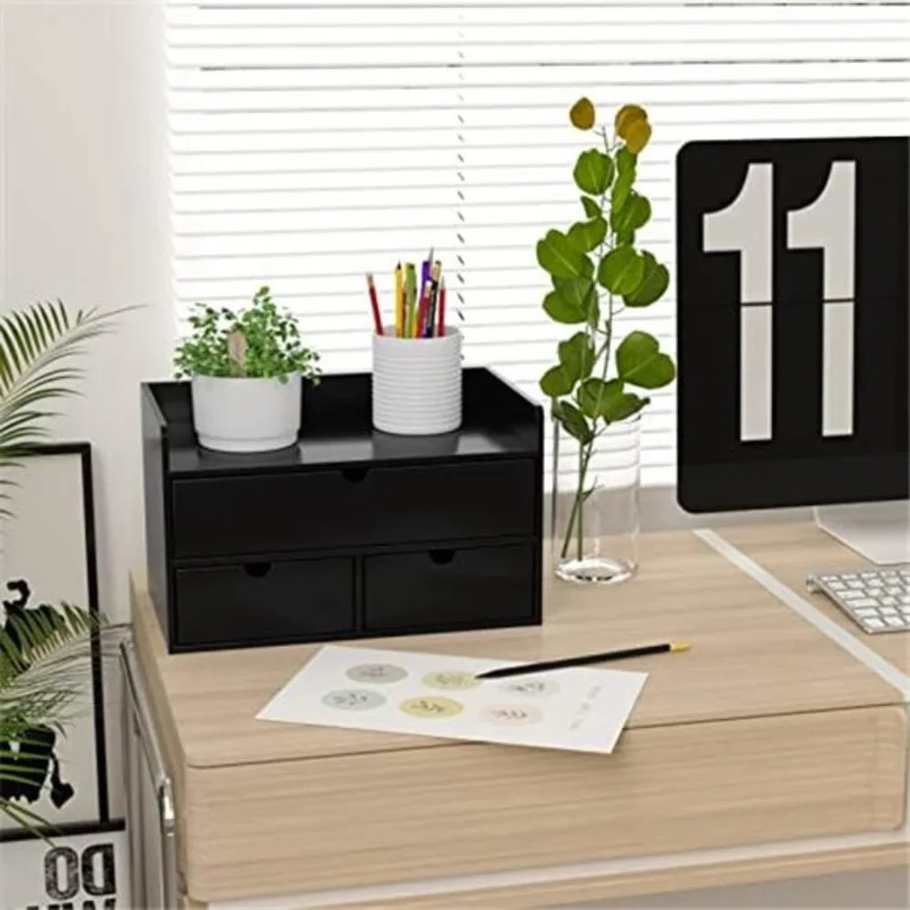 Bamboo Desk Organizer Drawer Desktop Storage Makeup Office Home Black Shelf