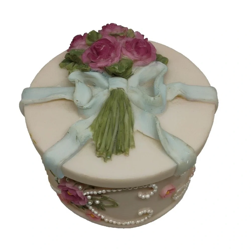 Vintage Dezine ? Hand Painted Roses Pearls Trinket Box W/Lid