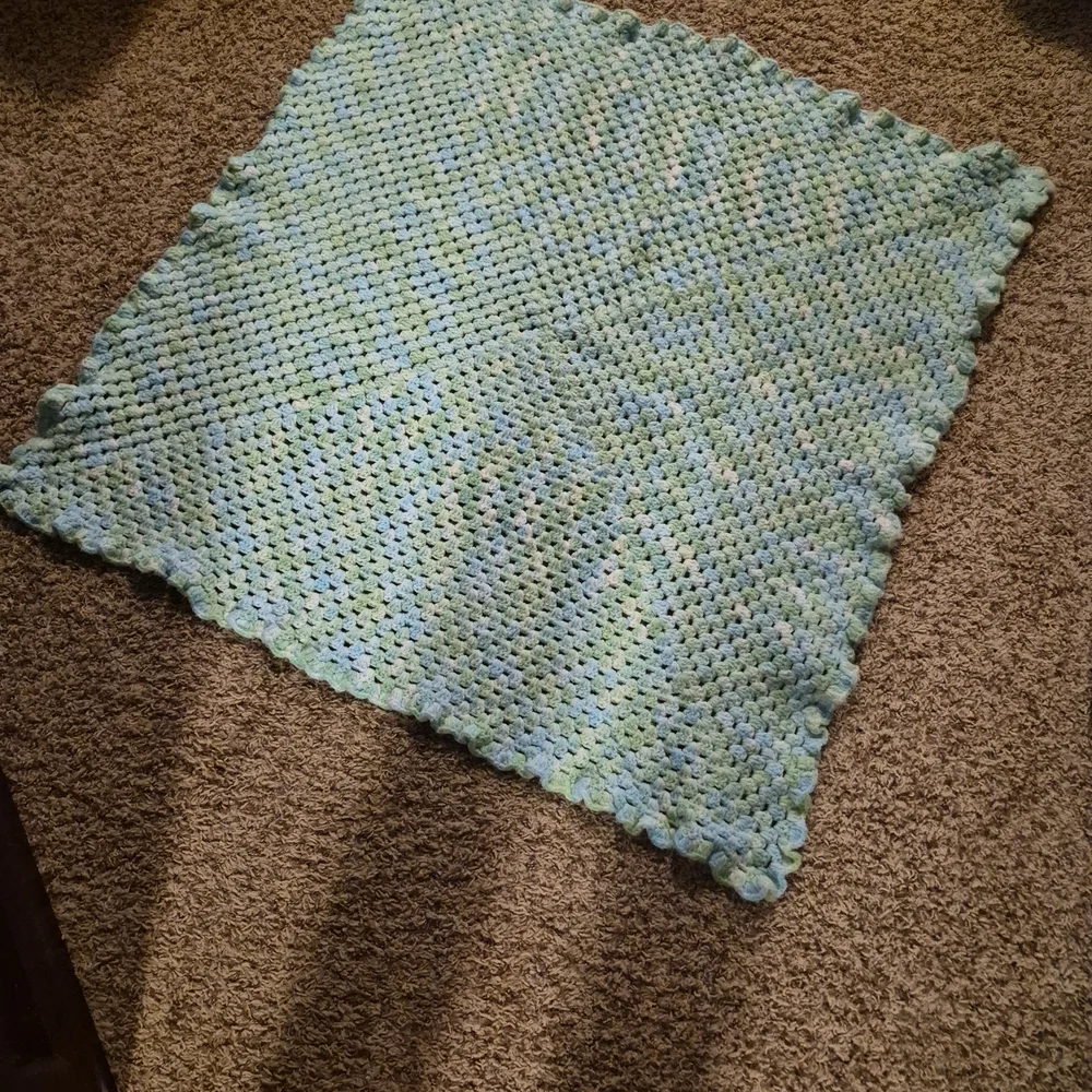 Vintage 70s Pastel Crochet Granny Stripe Afghan Baby Blanket 39x39 Scalloped Edg