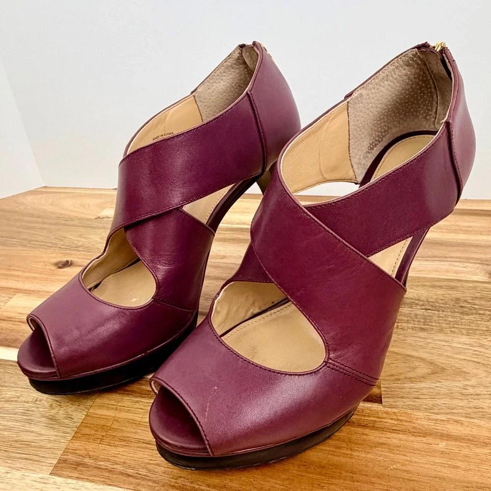Michael Kors Plum Burgundy Leather Peep Toe Platform Heels Back Zip Womens 8M