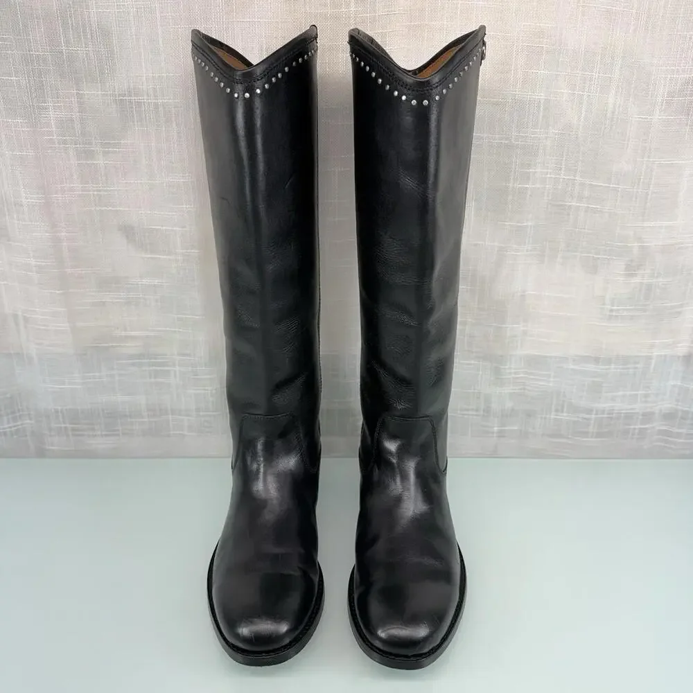 Frye Melissa Button 2 Riding Boots Black Leather Studded Equestrian Women 5.5B