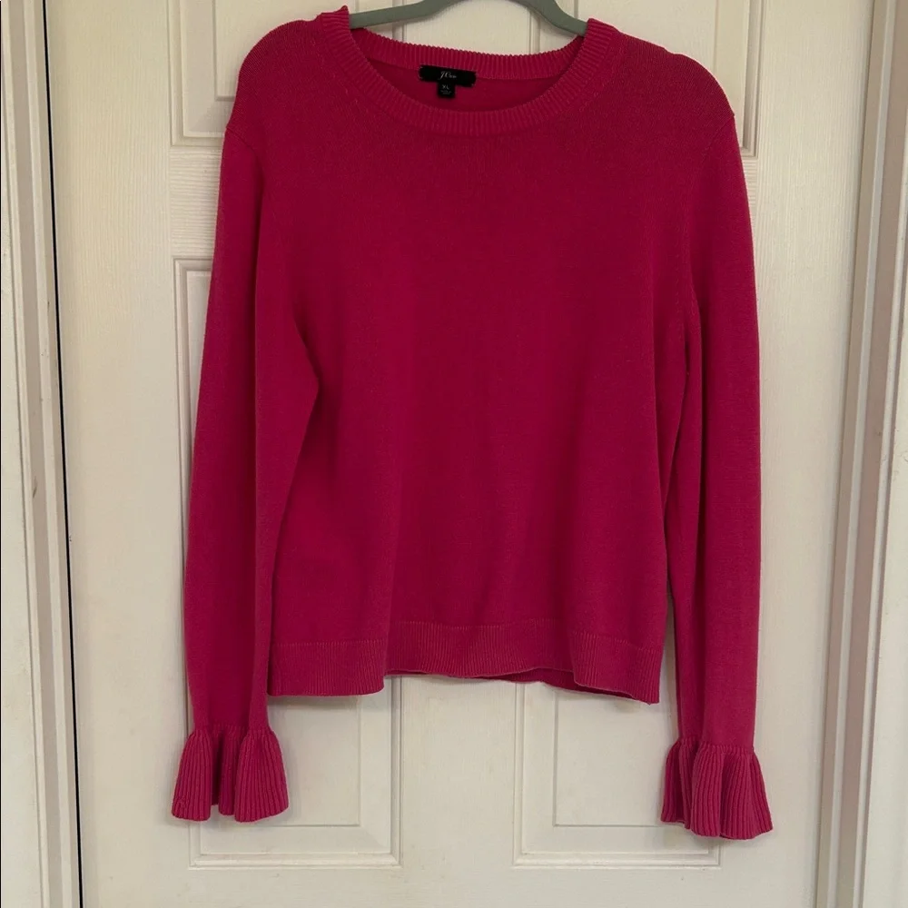J. Crew Women's Crewneck Sweater in Hot Pink with Ruffle Sleeve XL