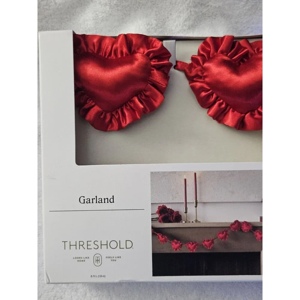 Threshold Red Satin Ruffled Heart Garland 6ft Valentine's Day Wedding Decor