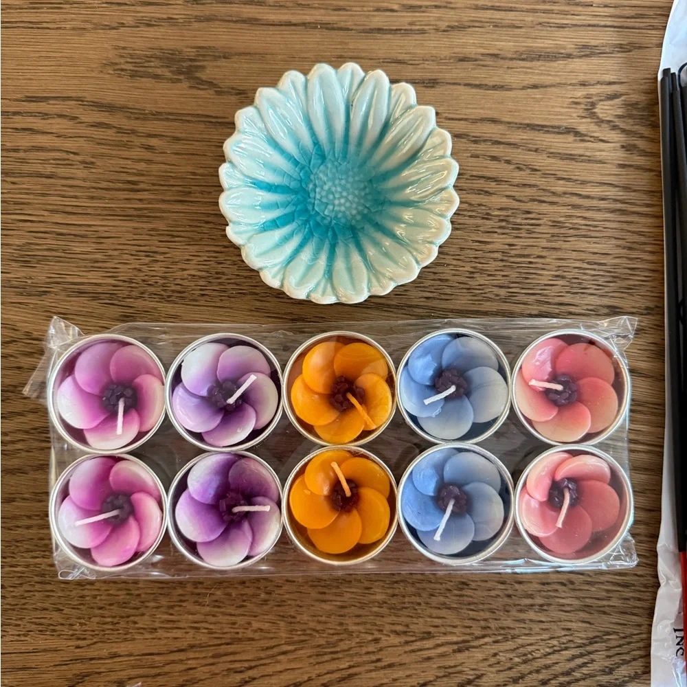 Assorted Floral Tea Lights, dish, Incense Bundle - CA sage, aromatherapy blend