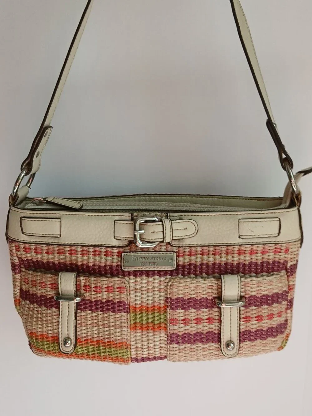 Vintage 90's Woven MulticolorJute & Ivory Trim 3 Section Interior Baguette Bag