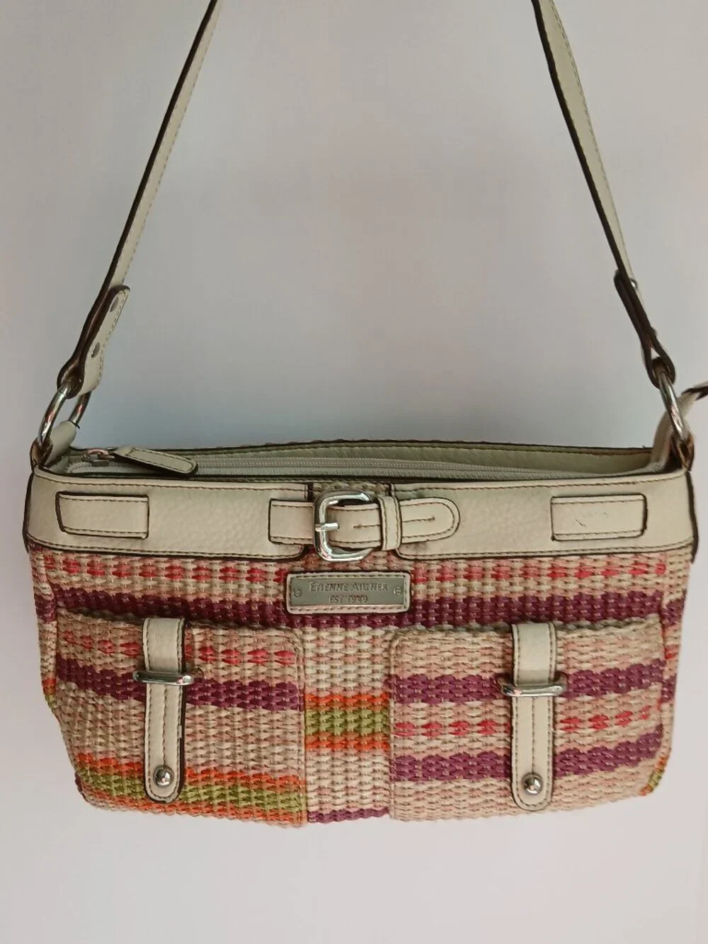 Vintage 90's Woven MulticolorJute & Ivory Trim 3 Section Interior Baguette Bag