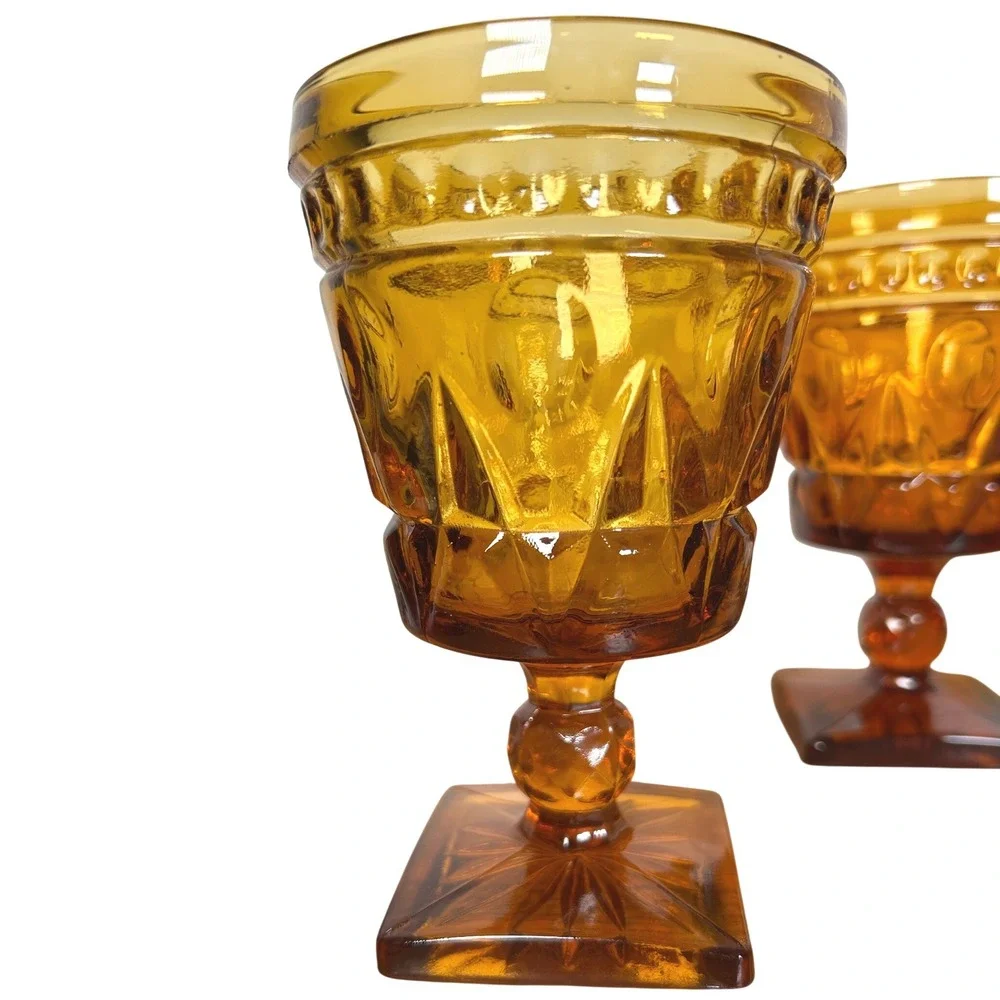 Indiana Glass Amber Goblets Thumbprint Diamond Point Square Base Set/2 VTG