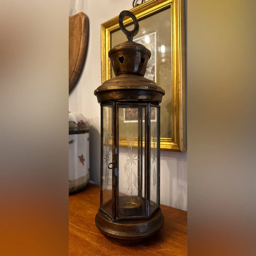 Vintage Turkish Brass Etched Glass Lantern Candleholder