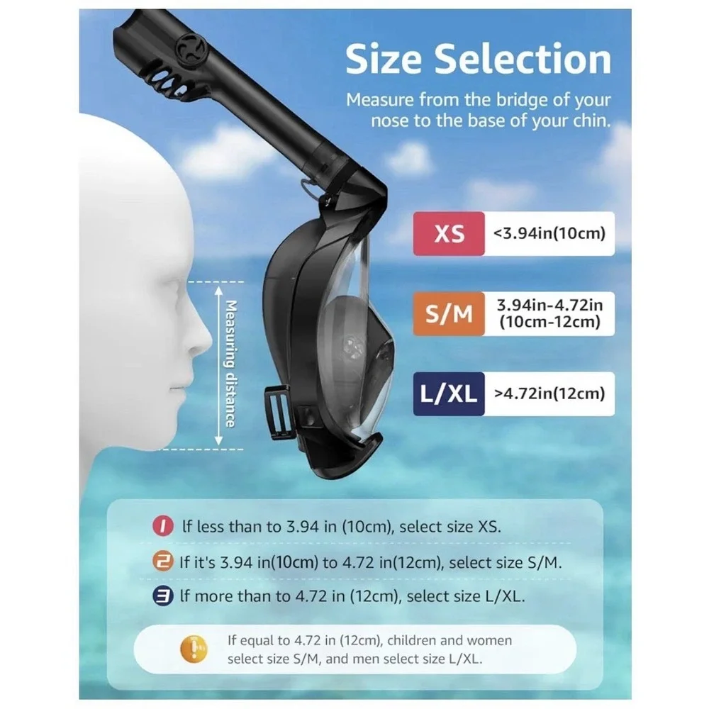 WSTOO Full Face Snorkel Mask Adult Black 180° View Dry Top Anti-Fog Camera Mount