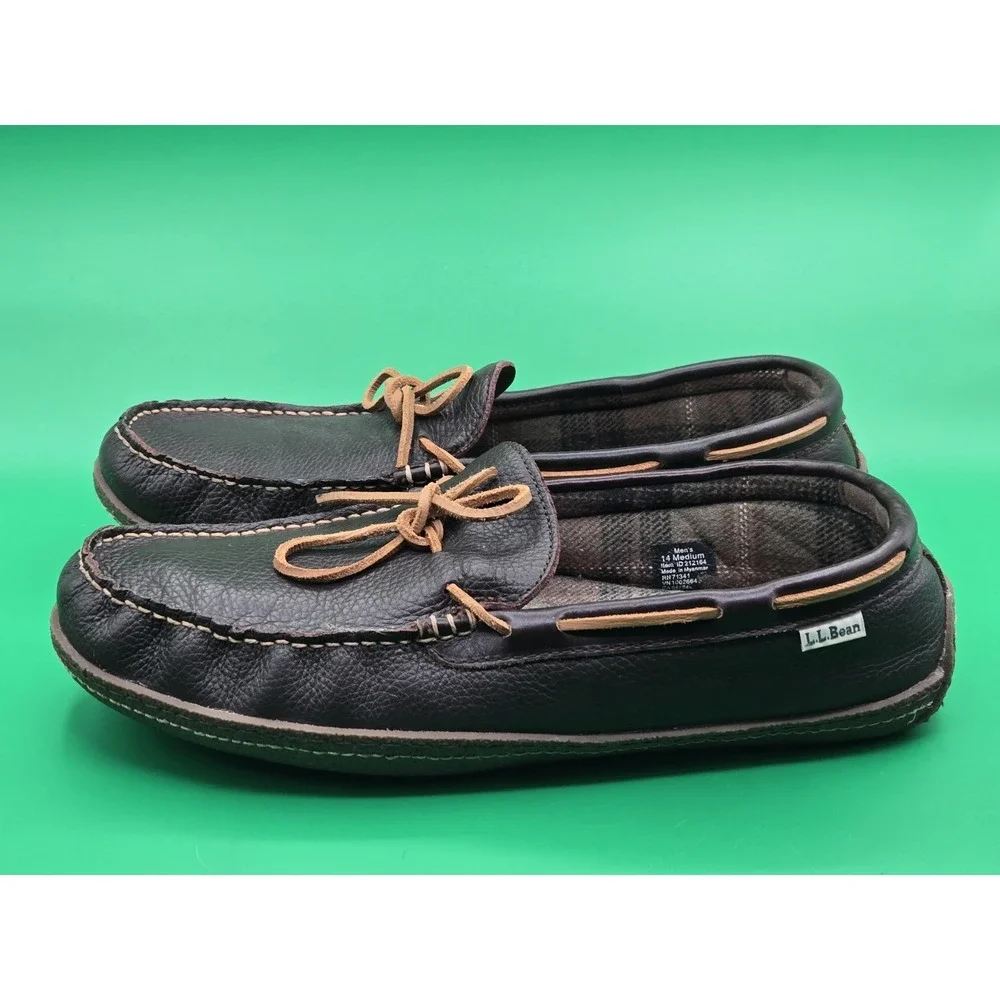 LL Bean Mens 14 Leather Moccasin Flannel Lined Slippers Loafer Shoe 212164 Brown