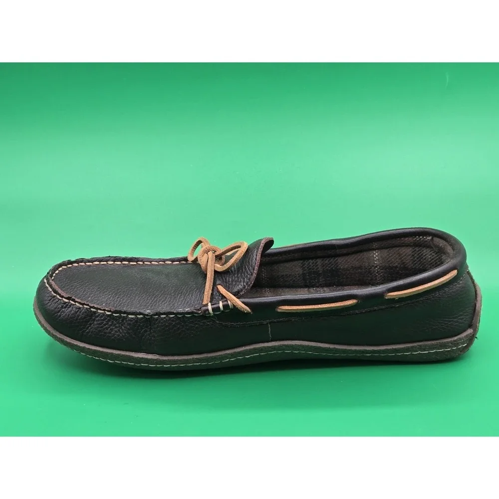 LL Bean Mens 14 Leather Moccasin Flannel Lined Slippers Loafer Shoe 212164 Brown