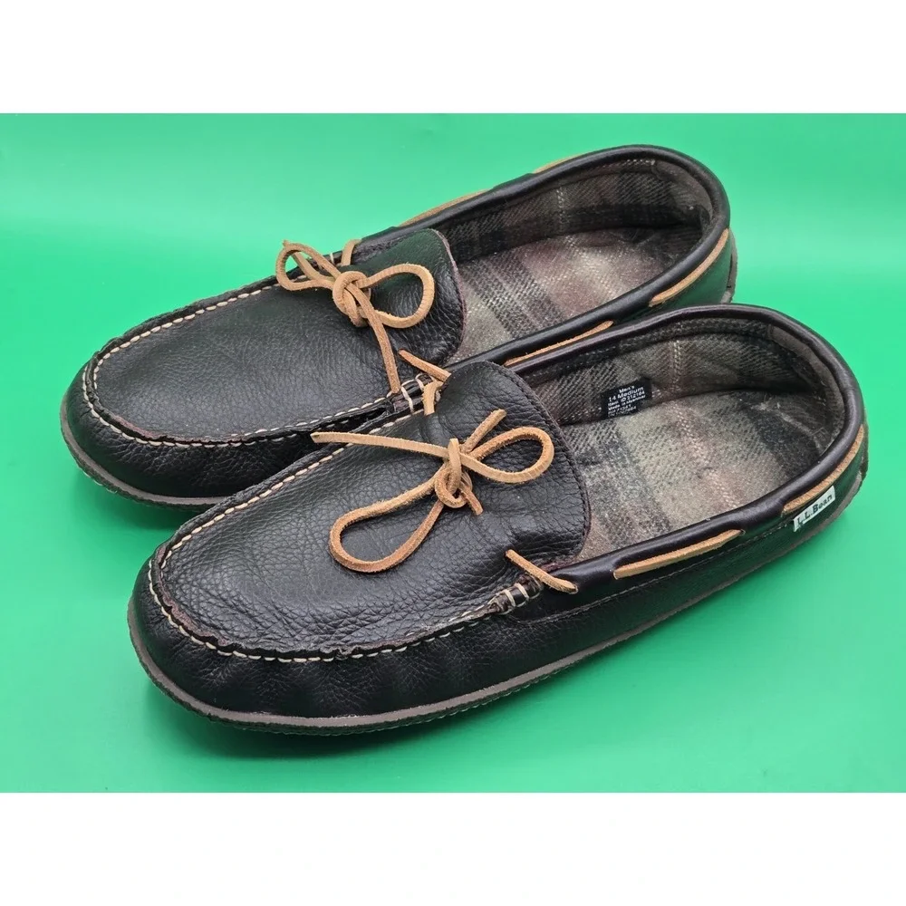 LL Bean Mens 14 Leather Moccasin Flannel Lined Slippers Loafer Shoe 212164 Brown