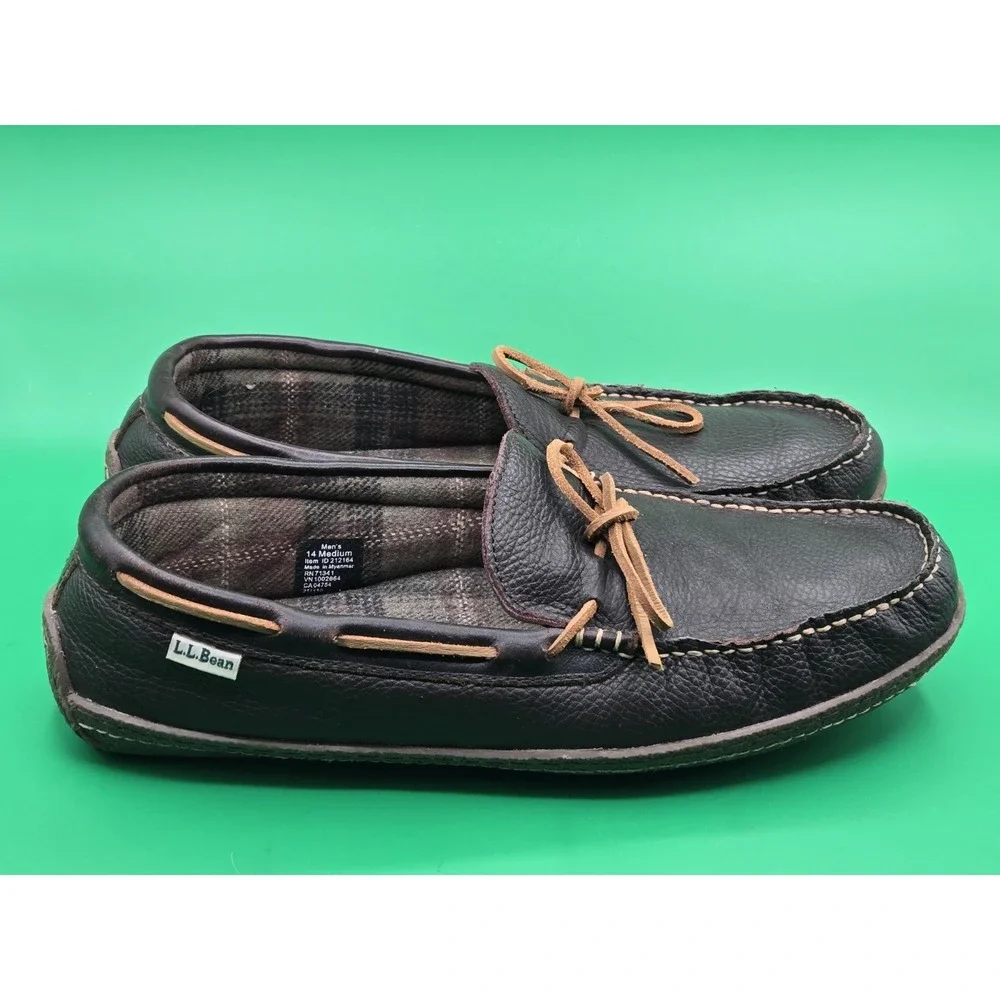LL Bean Mens 14 Leather Moccasin Flannel Lined Slippers Loafer Shoe 212164 Brown