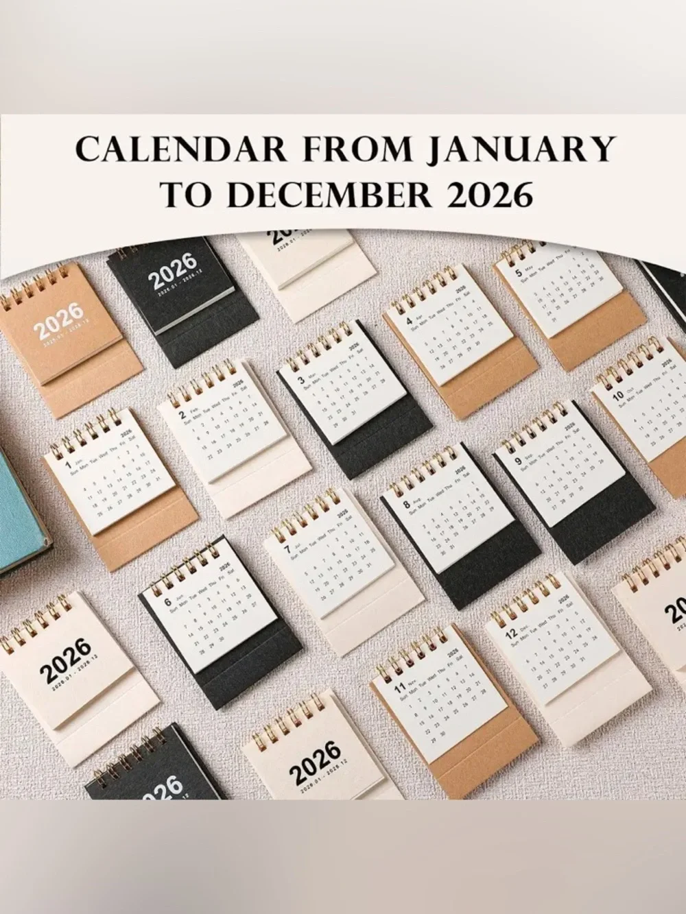 2026 Mini Spiral Desk Calendars - Brown, Cream, Black