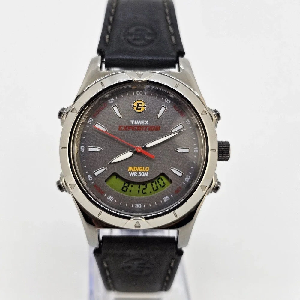 Timex Expedition Ana Dig Men Watch 38MM Dark Gray Dial Leather Bands New Battery