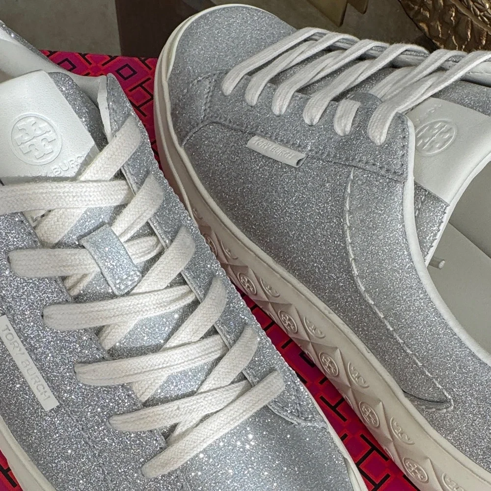 Tory Burch Lady Bug Women's Silver Glitter Sneakers Sz 10