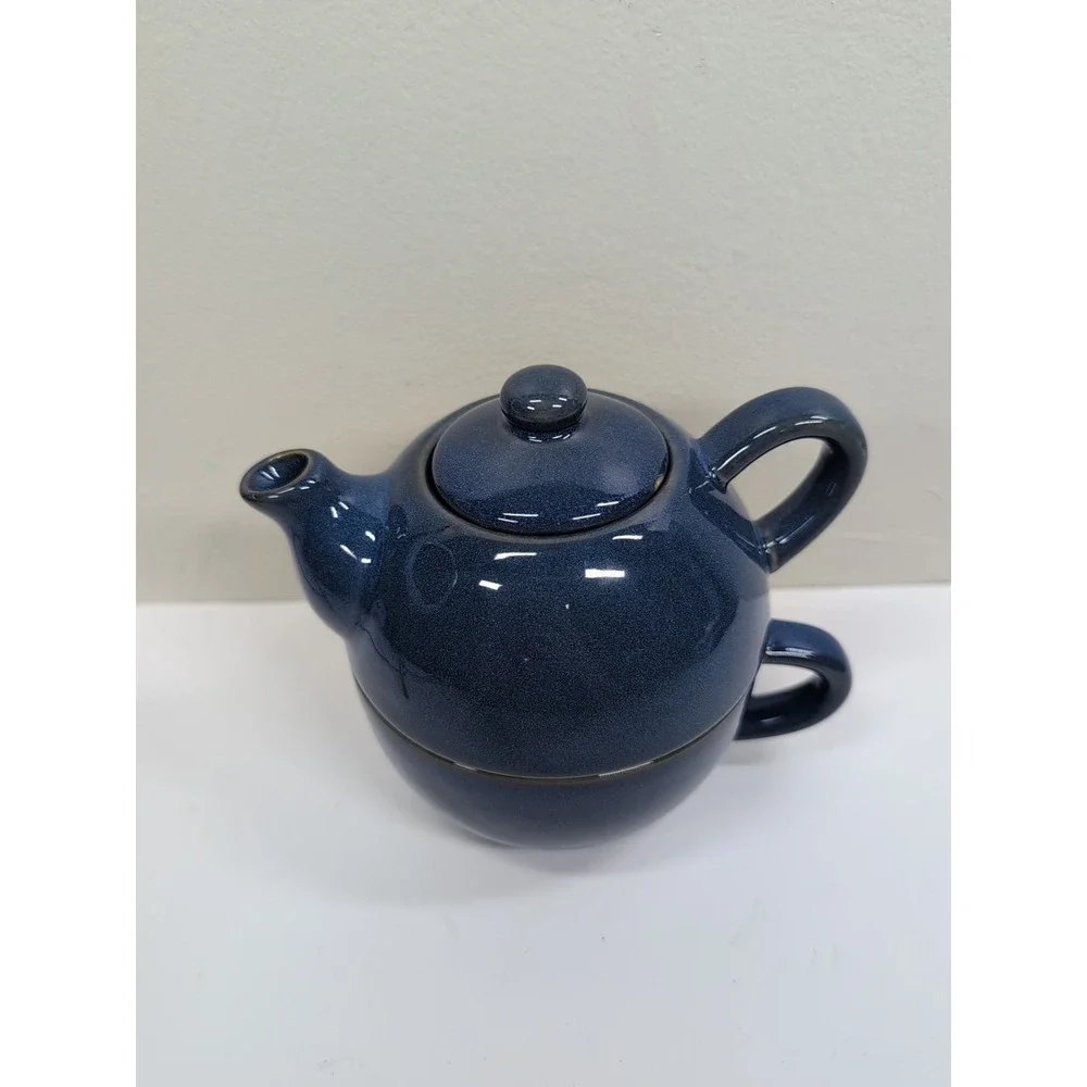 Pier 1 Teapot With Lid & Mug Stoneware Indigo Blue Euc