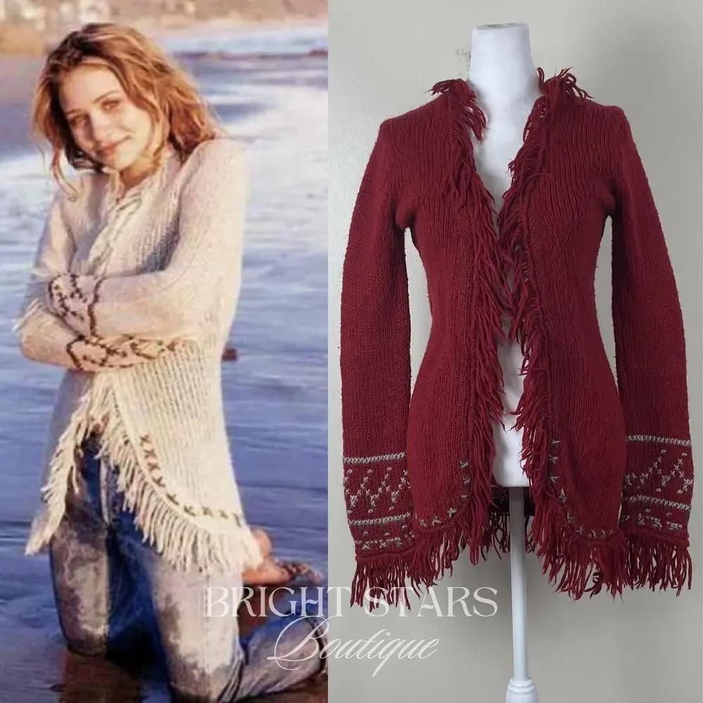 Rare Vintage Knit Cardigan Fringe ALT Red ASO Mary-Kate Olsen Ashley Olsen