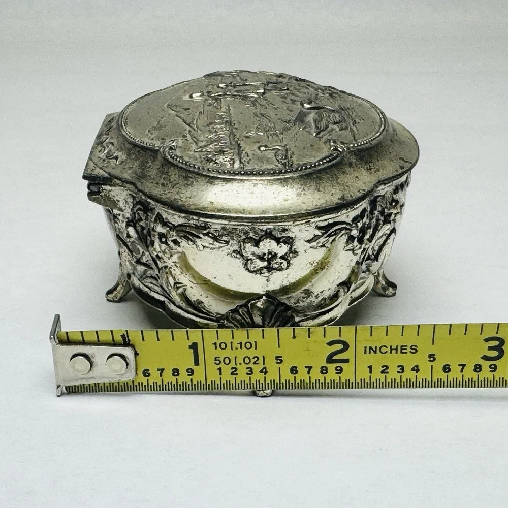 VTG Silver Metal Trinket Or Jewelry Box Lined W/ Red Velvet And An Embossed Top