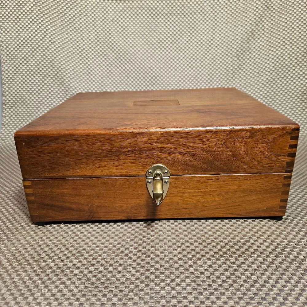 Crafted Walnut Wood Storage Box w Black Felt Interior Vintage Tobacco Box Large
